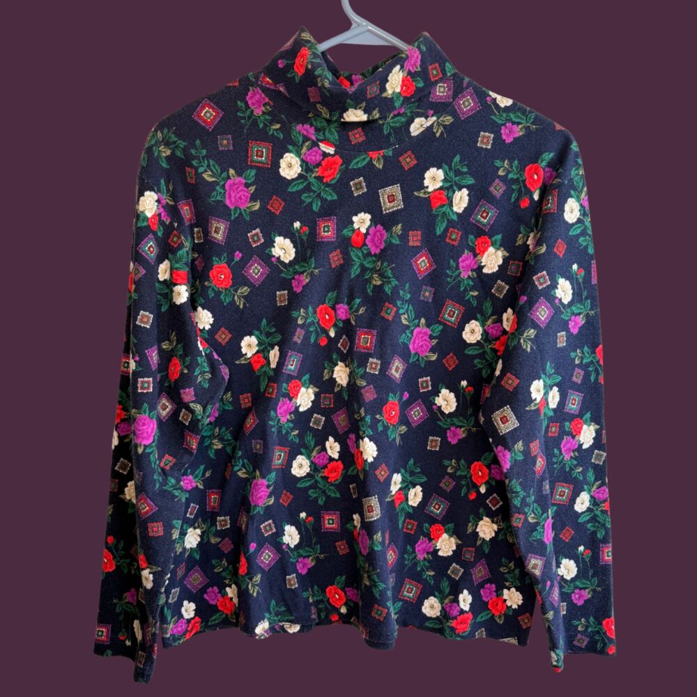 Vintage 90s Hunt Club Cotton Turtleneck with Floral and Graphic Print